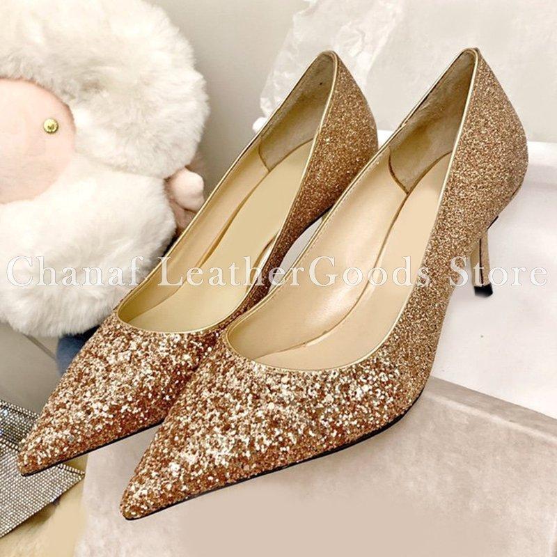 

Dress Shoes Fashion Luxury Women Wedding Rhinestone High Heels 6.5cm Brand Sexy Blingbling Spiked Pointed Toes Gold, Black