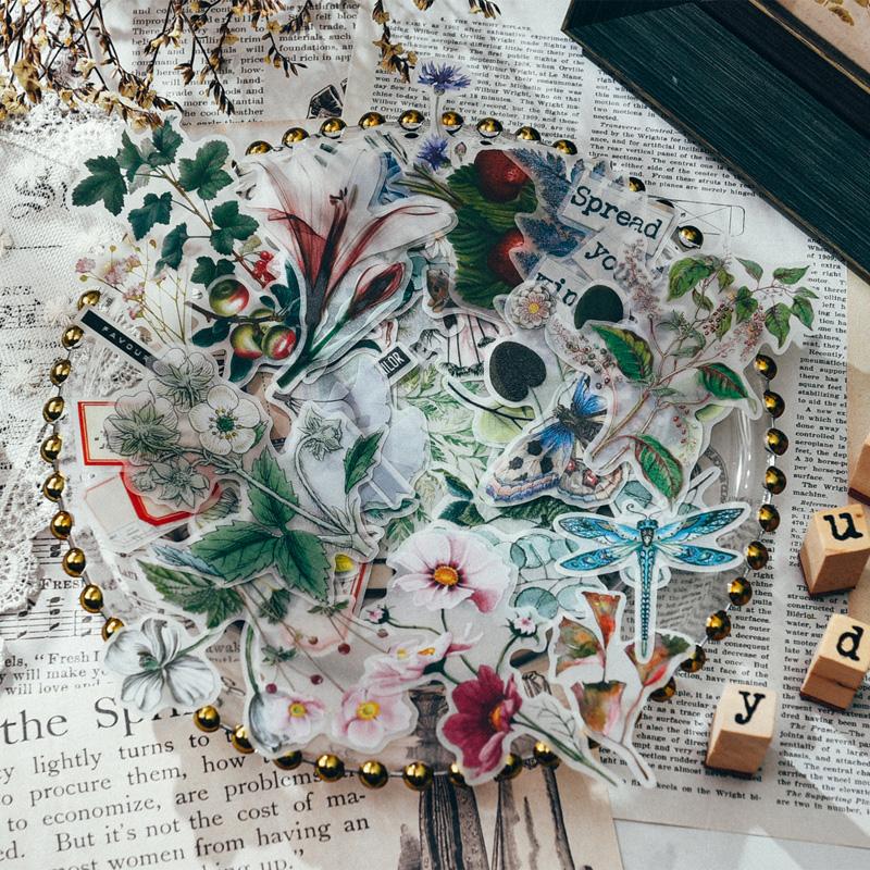 

50pcs Vintage Plants Flowers Butterfly Vellum Paper Stickers For Scrapbooking Happy Planner/Card Making/Journaling Project Craft Tools