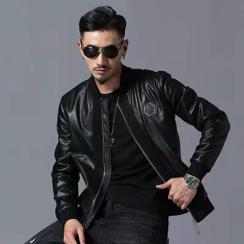 

Fashional design Men's Skull embroidered leather jacket with a thick baseball collar motorcycle coat, Black