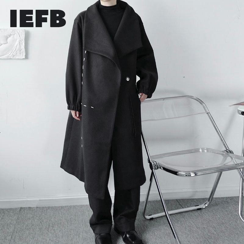 

IEFB men' color block patchwork black oversized woolen coat fashion design loose autumn winter lapel long clothes 9Y4630 210524