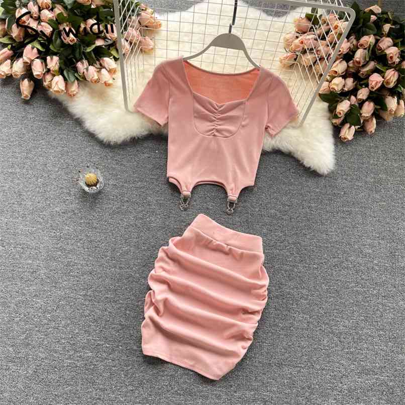 

2 Piece Skirts Sets Women Summer Short Sleeve Square Collar T Shirts and Folds Elastic Waist Mini Skirt Blue Pink 210607