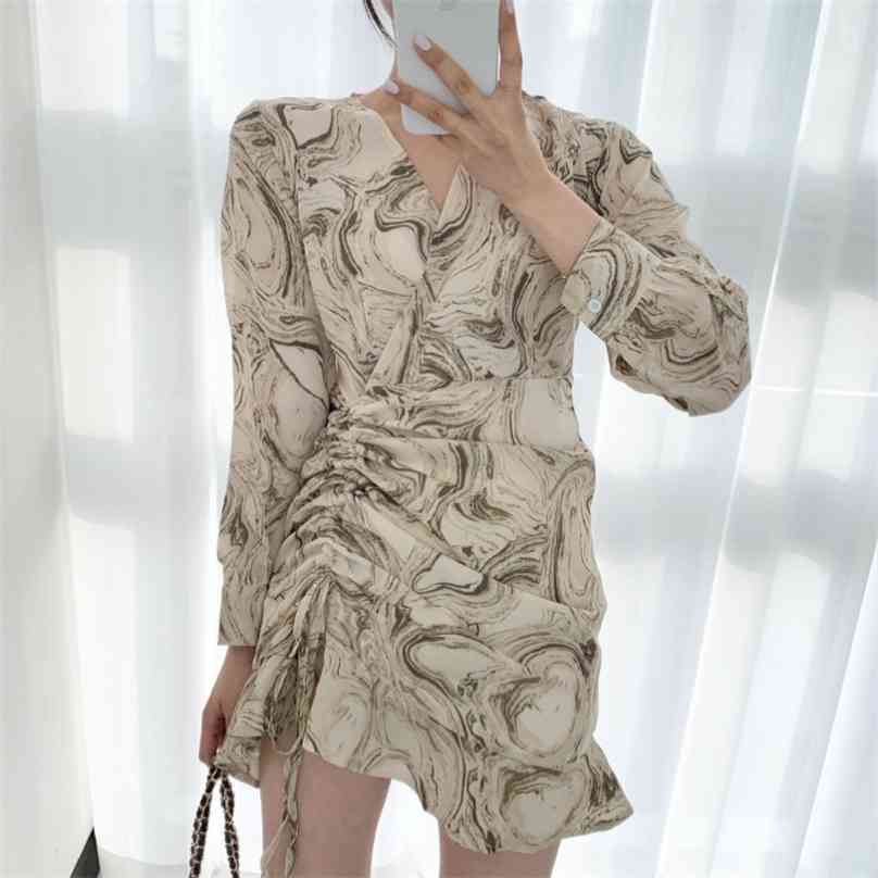 

Chic Ink Printing Drawstring Dress Woman Clothes High Waist V-neck Bodycon Korean Vintage Street Dresses Female Spring 210603