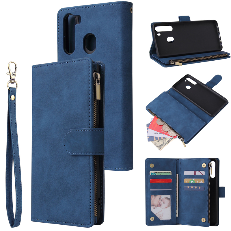

Luxury Zipper Flip Leather Cases for Samsung A10 A10S A20 A20e A50 A40 A41 A31 A20S Multi Card Slots Cover Prevent Bumps With Phone Strap, Brown