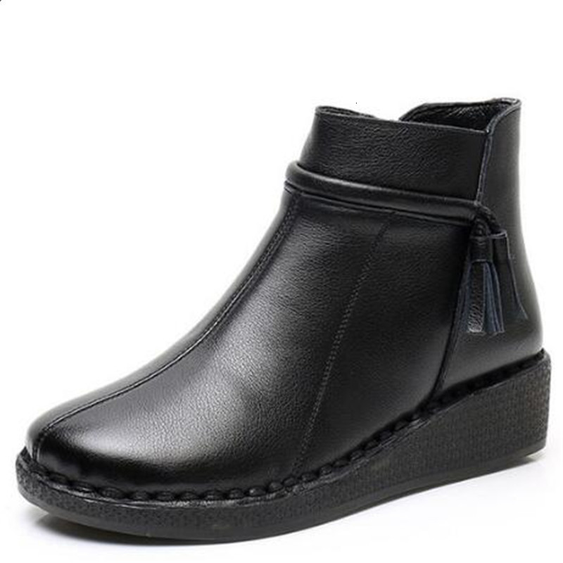 

cowhide autumn leather boots flat wedges non-slip soft sole comfort warm shoes winter women buir, Black