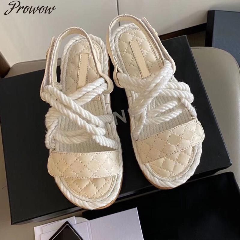 

Prowow Women Sandals Fashion Summer Shoes Woman Flat Rope Lace Up Gladiator Beach Chaussures Femme, Beige