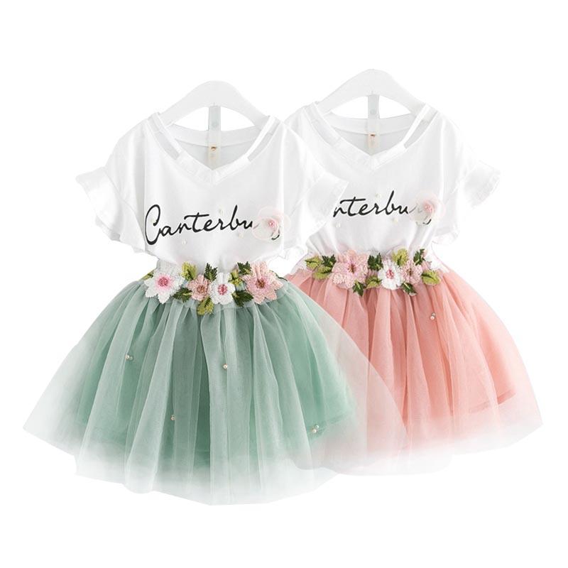 

Clothing Sets 2 3 4 5 6 7 Years Kids Clothes Girls Skirt Suit Letter White T Shirt Top 3D Flower Applique Beading Tutu Children, Green