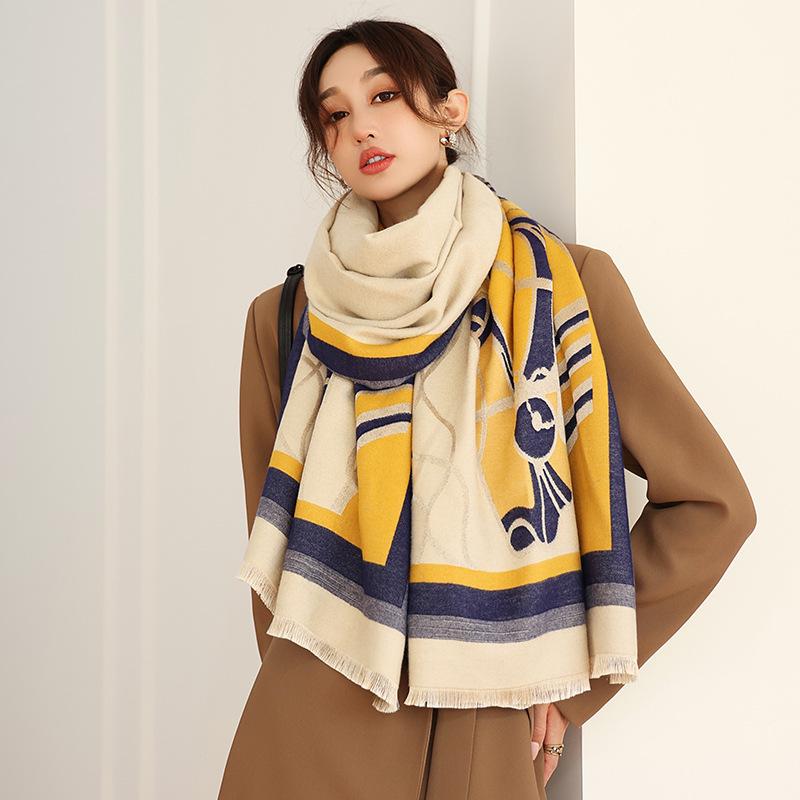 

Scarves 2021 Pashmina Cashmere Scarf Women Winter Shawls Warm Blanket Lady Design Print Plaid Thick Bufanda Stoles, Blue;gray