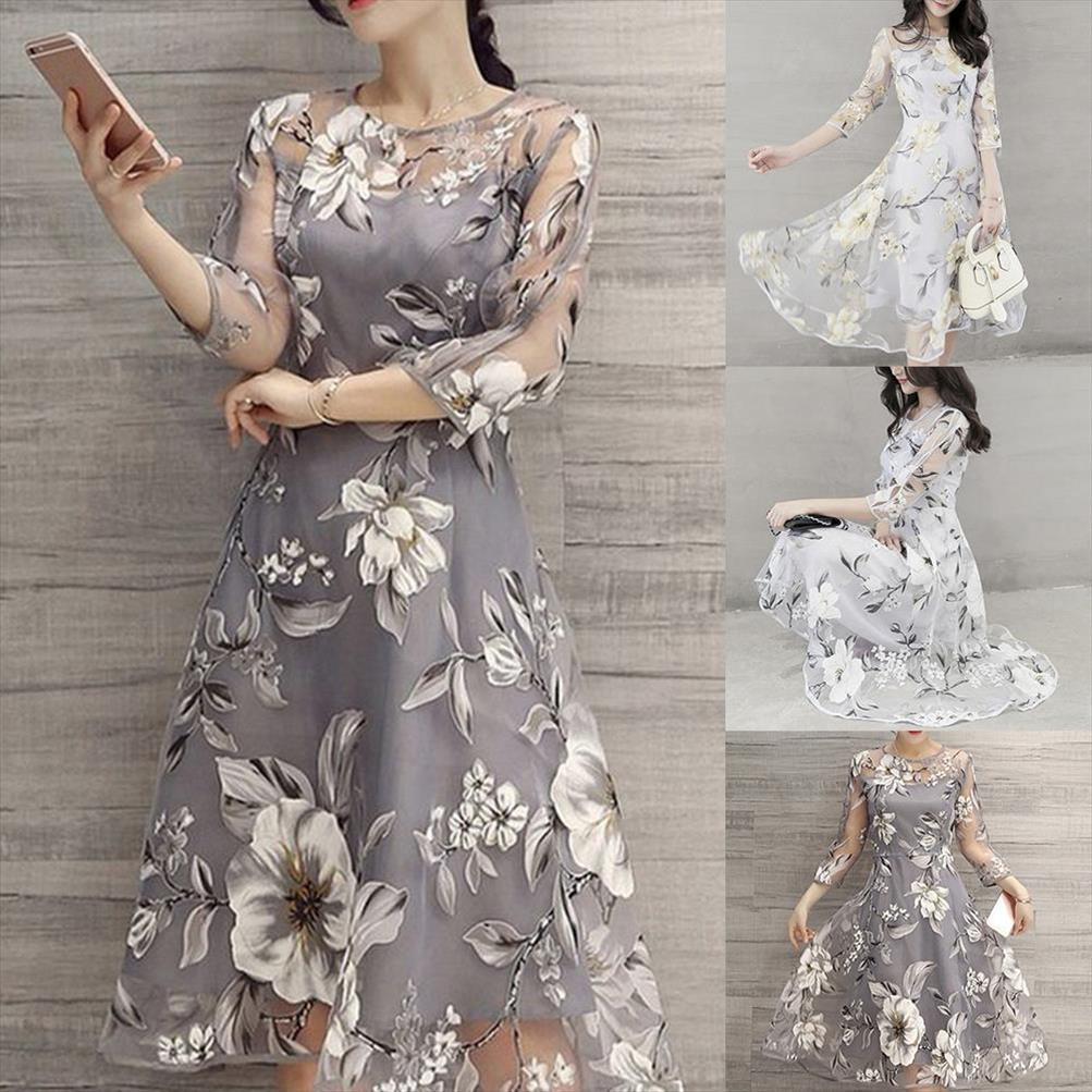 

midi o neck 3 mesh women dresses sleeve floral print large swing double layer elegant lady summer, Black;gray