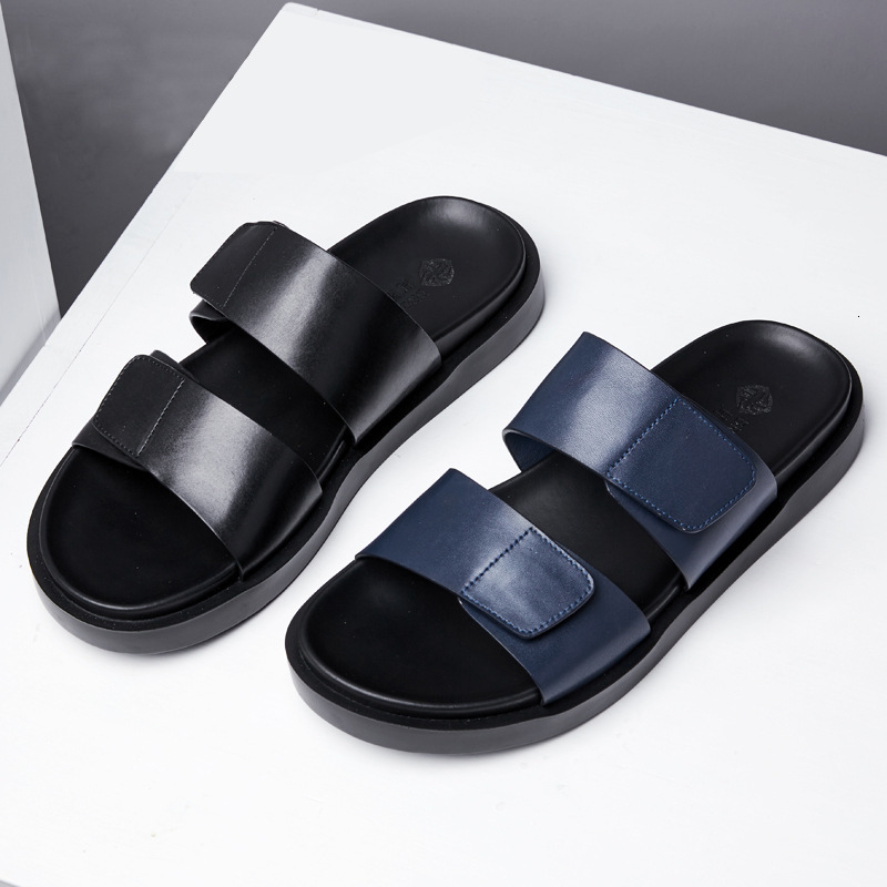 

Slippers men's summer fashion leather outer wear personality creative soft sole Korean antiskid beach shoes flip flop ASO7, 1# shoe box