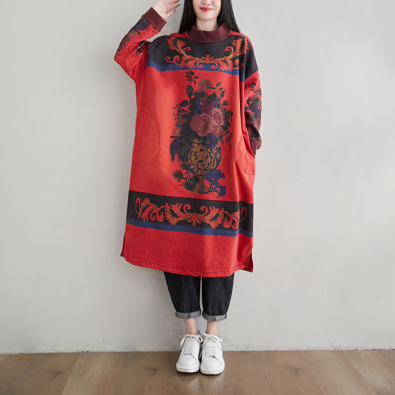 

Johnature Women Pullover Sweatshirts Red Print Floral Turtleneck Long Sleeve Fall Vintage Female Clothes Casual Sweatshirts 210521