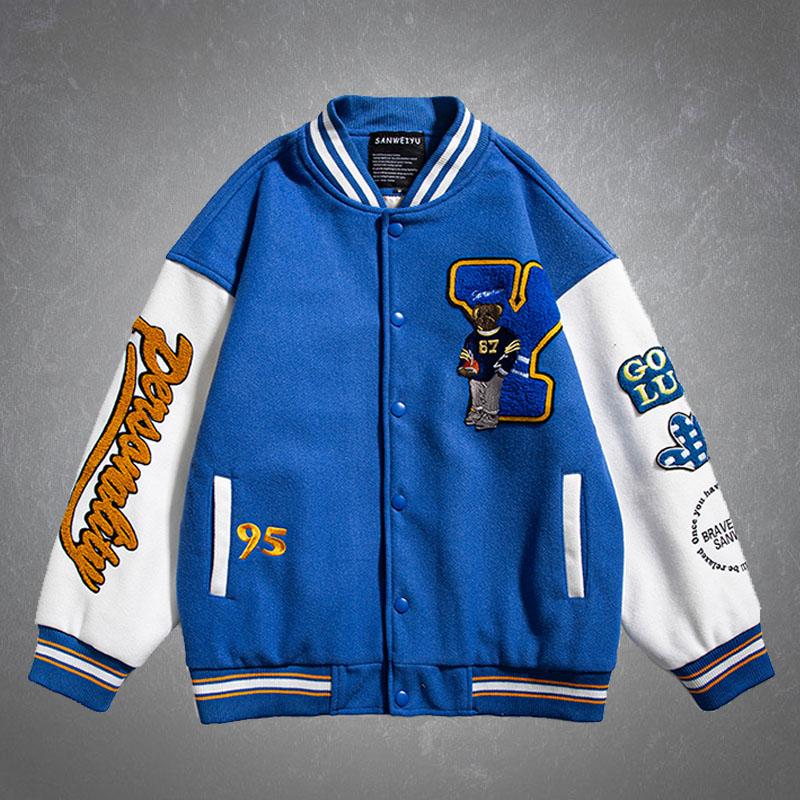 

Men's Jackets Cartoon Letter Embroidery Baseball Bomber Jacket Harajuku Patchwork Oversized Varsity Style Couples Coats 2021 Streetwear, Blue