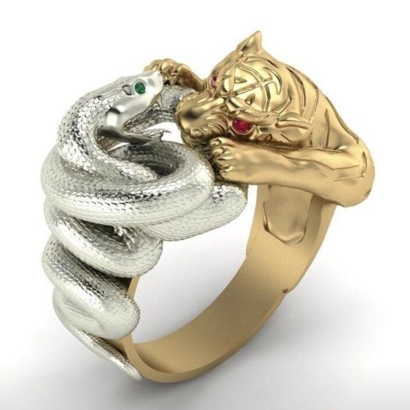 

Bohemia Vintage Gold Tiger Silver Color Snake Fighting Ring Male Red Zircon Steampunk Biker Rings For Men Hip Hop Jewelry Cluster