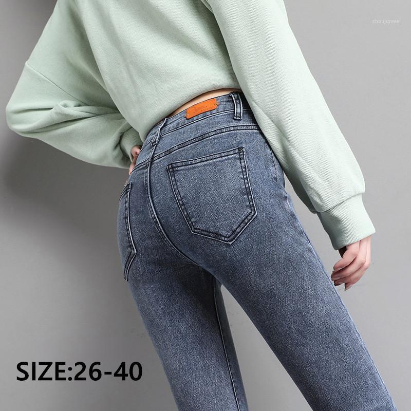 

Vintage Denim Wash Jeans For Woman High Waist Plus Size 40 Full Length Skinny Pencil Black Blue Pants 100kg Women's