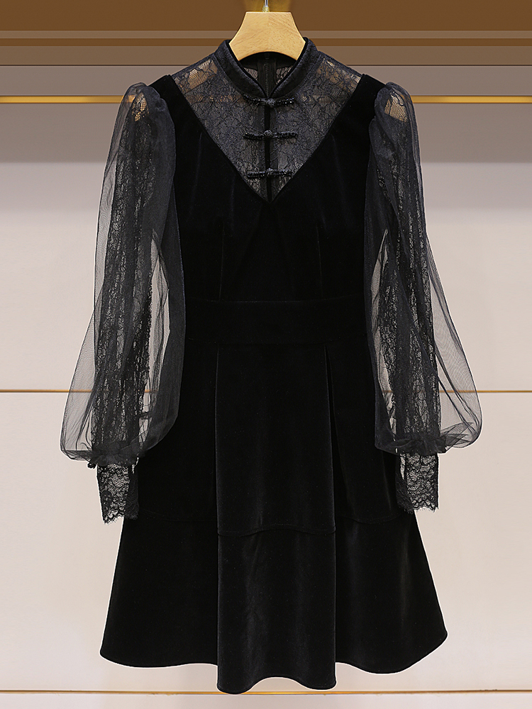 

Autumn 2021 new cheongsam dress black dress velvet, Black;gray