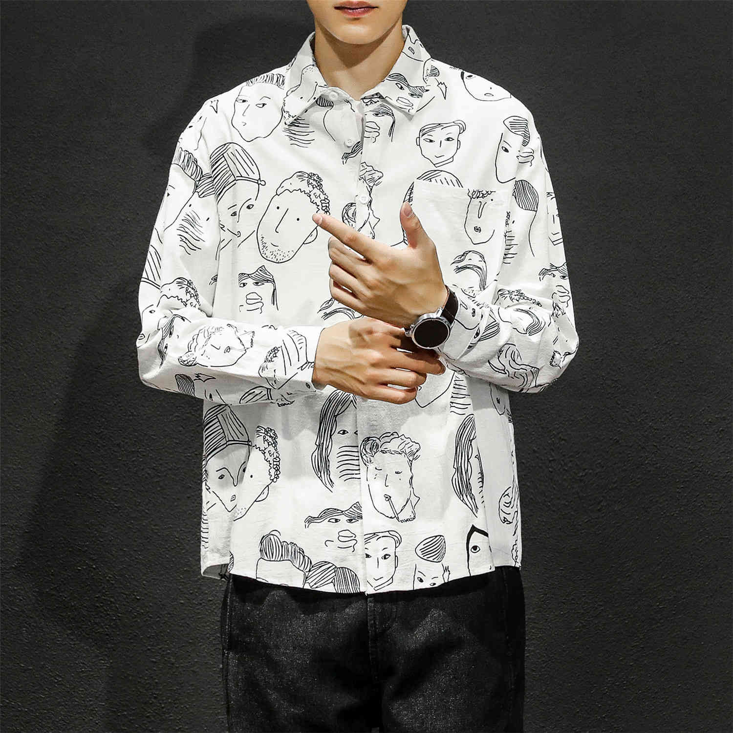 

Men's Casual Shirts Korean Style Clothing Cartoon Printing Long Sleeves Hawaiian Coats French Cuff Black/grey/white Big Size -5XL