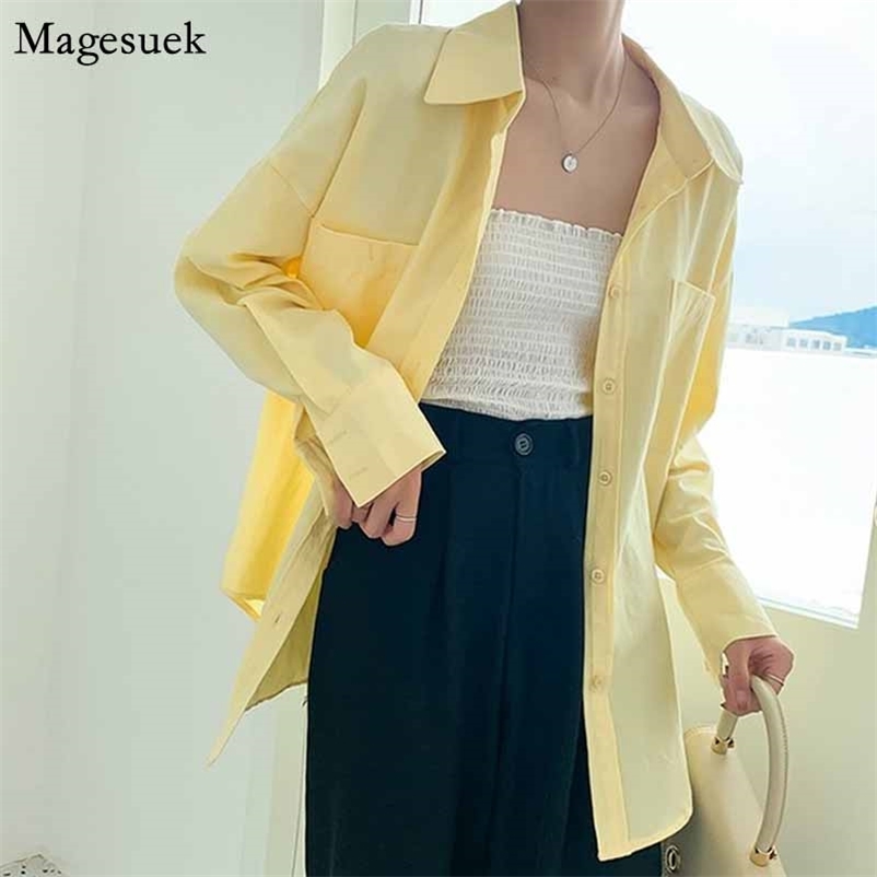 

Women Blouse Autumn Solid Button Cardigan long Shirts Casual Plus Size Loose Cotton Long Sleeve Blusas Mujer 10109 210518, White