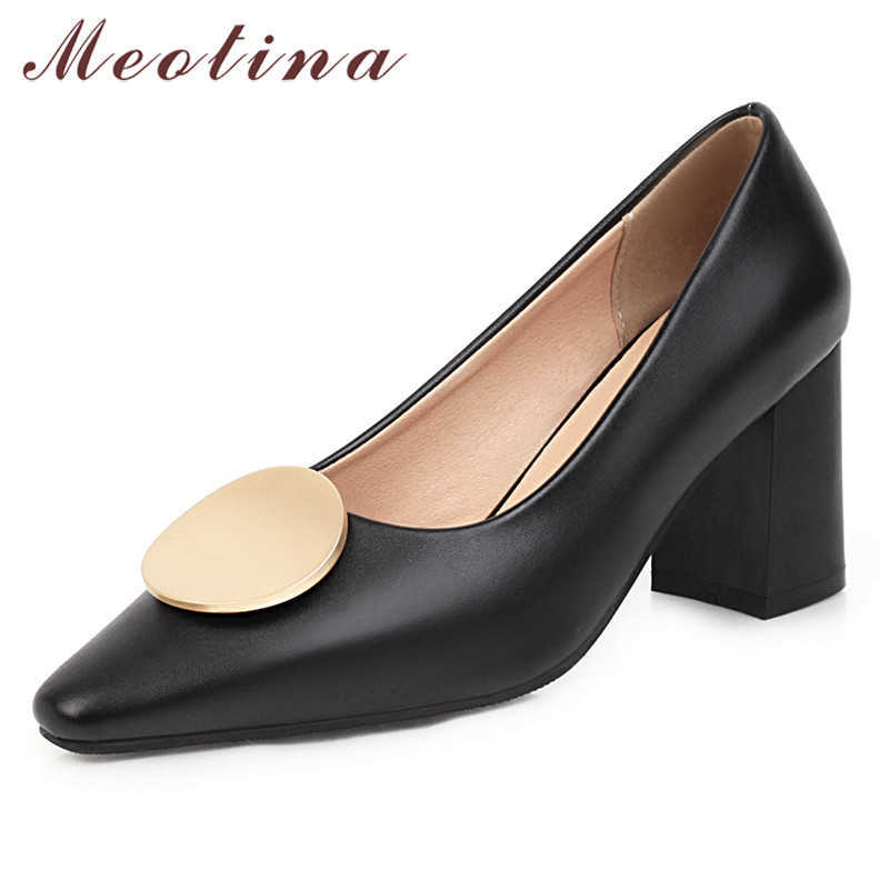 

Meotina Women Pumps Metal Decoration High Heels Shoes Pointed Toe Thick Heel Ladies Footwear Summer White Black Large Size 210608