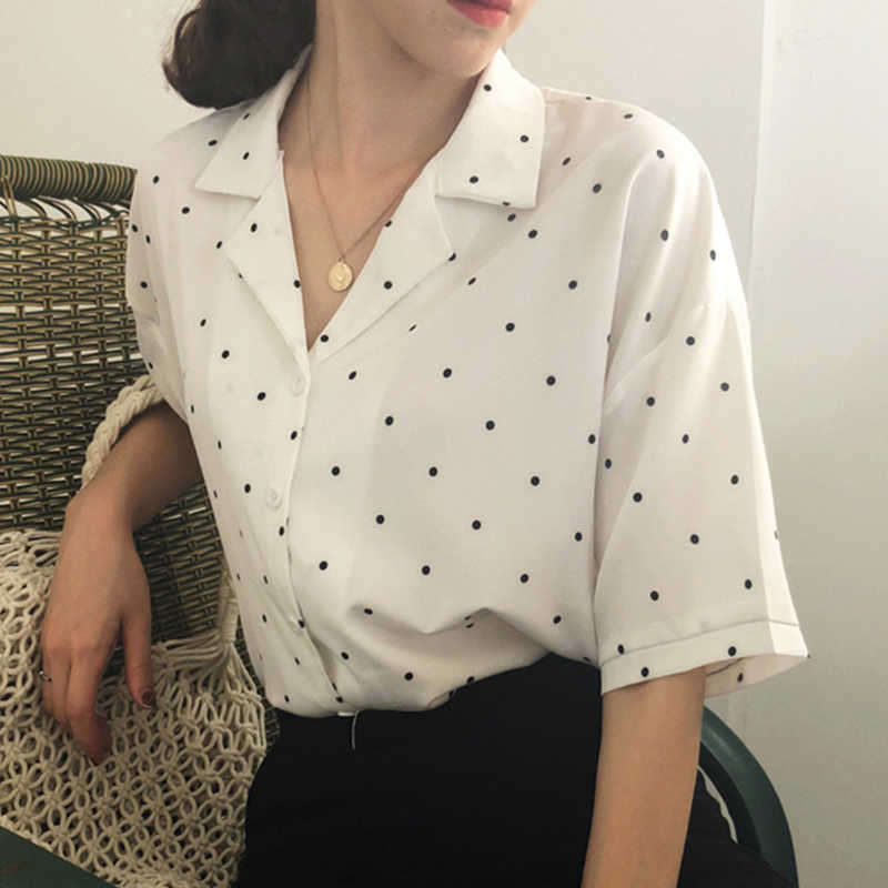 

Women Blouse Polka Dot Shirt Summer Short Sleeve V Neck Casual Elegant Print Tops Female Clothing White Shirts #366 210721, Gray