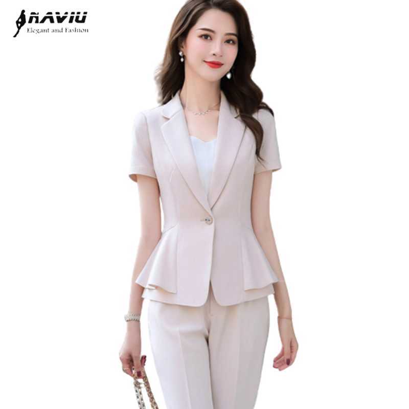 

Fashion Women Pants Suit Summer Business Formal Slim Short Sleeve Blazer and Trousers Office Ladies Work Wear 210604, Apricot coat skirt