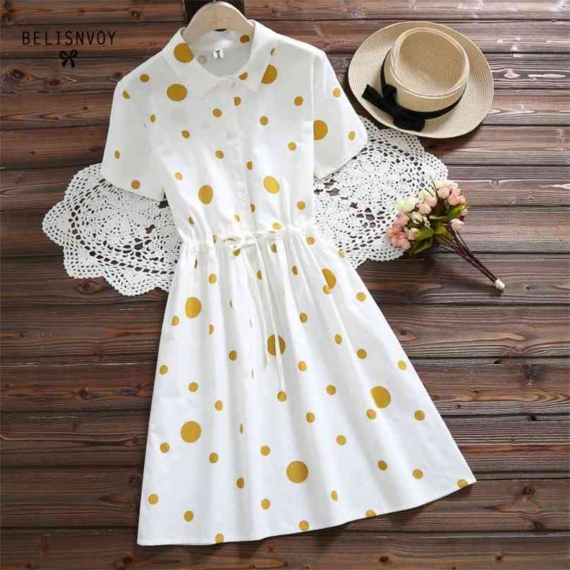 

Japanese Preppy Style Summer Women Kawaii Short Dress Turn-Down Collar Polka Dot Mujer Vestido Elegant Cotton Mini Dresses 210520, White