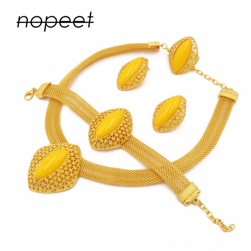 

African 24k gold color jewelry sets for women Dubai bridal wedding wife gifts gem necklace bracelet earrings ring jewellery set 1007 T2, Black