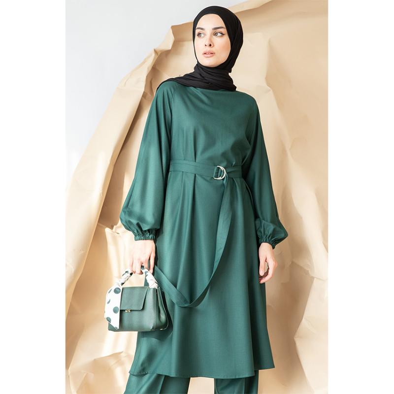 

Casual Dresses Mintahayse Line Printed Suit Tunic Vintage Women Long Sleeve Cotton Green Hijab Clothing Islamic Turkish Style
