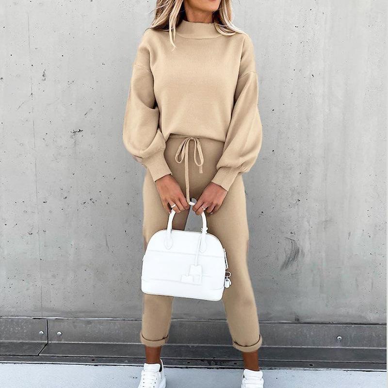 

Running Sets Autumn And Winter Sports Suit Women's Fitness Jogging High-neck Casual Solid Color Trousers Pocket Two-piece, White