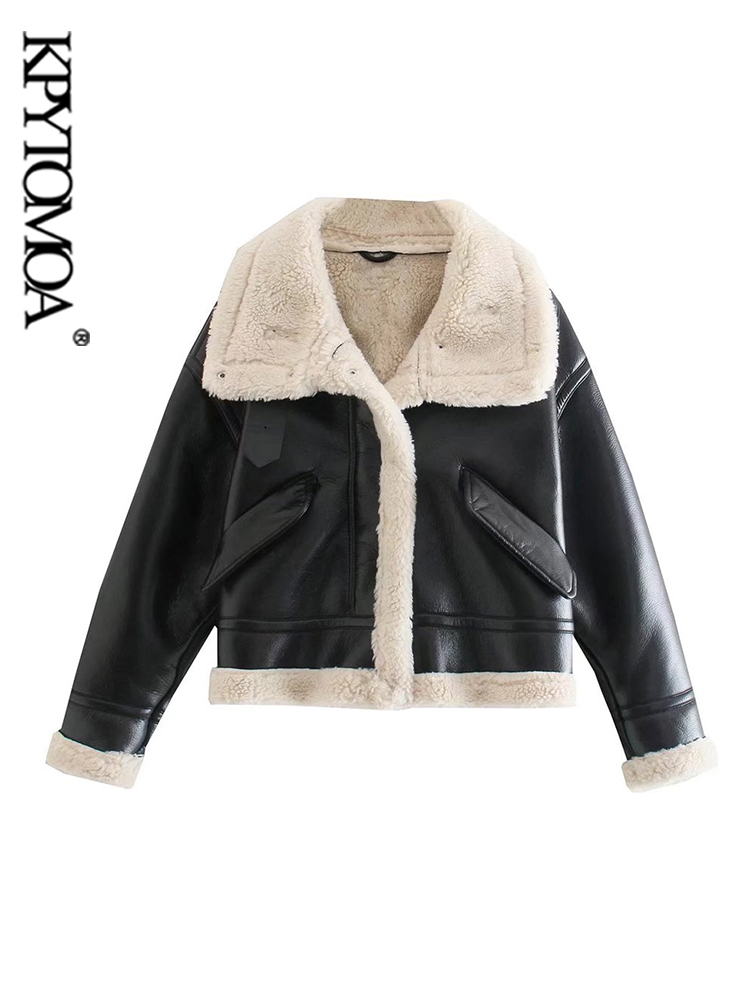 

KPYTOMOA Women Fashion Thi Warm Faux Leather Shearling Jaet Coat Vintage Long Sleeve Flap Poets Female Outerwear Chic Tops, As picture