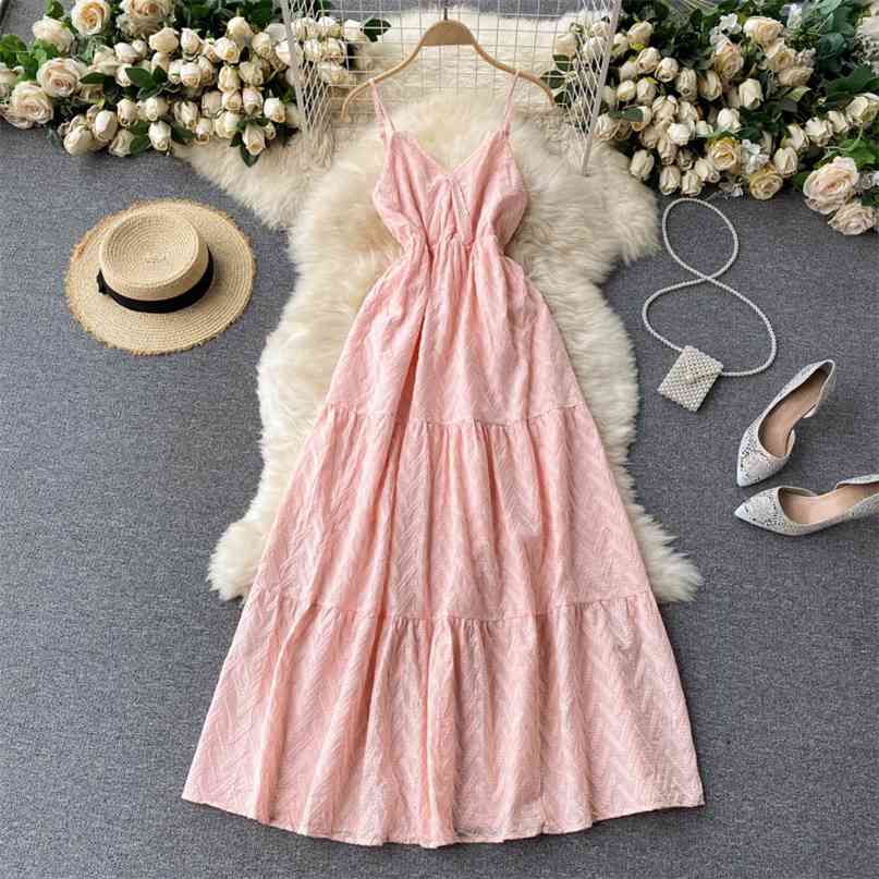 

Bohemian Dress Women Summer Sexy V-neck Sleeveless Adjustable Strap Embroidery Beach Maxi Long Korean Pink 210603, Blue