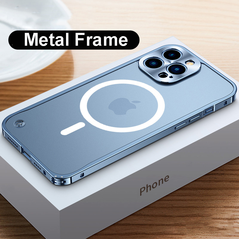 

Luxury Aluminium Alloy Metal Frame Cases for Iphone 11 12 13 Pro Max 12mini 13 mini Support for Magsafe Magnetic Wireless Charging, Silver-no magnetic attraction