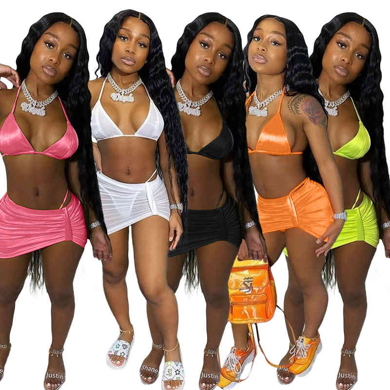 

Women Sexy Beach Swimsuit Bra Crop Top Mini Skirts Panties Suit Three Piece Set Swim Sport Bikinis Set Bathing Suit, White;black