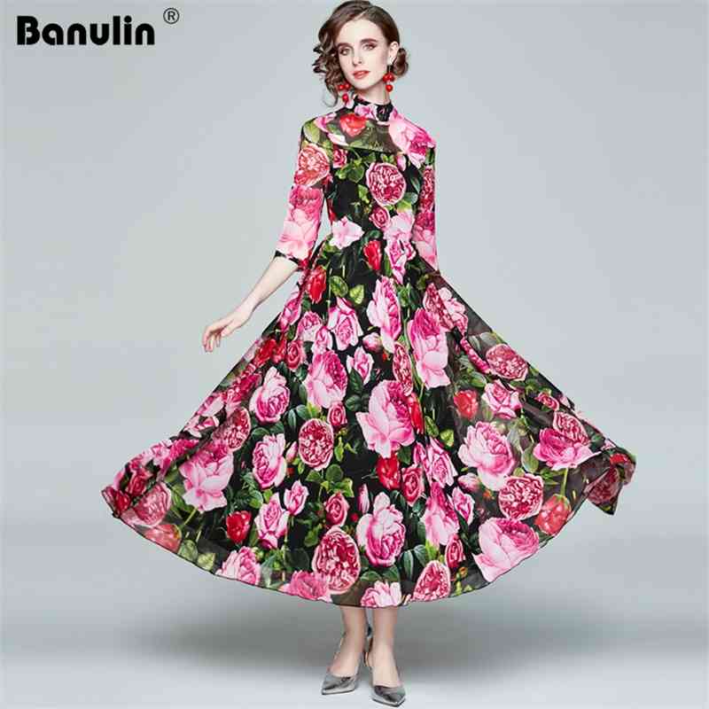 

Banulin Spring Runway Floral Beach Dress Women' 3/4 Sleeve Stand Collar Vintgae Print Lady Casual Party Vestidos 210603, Design and color