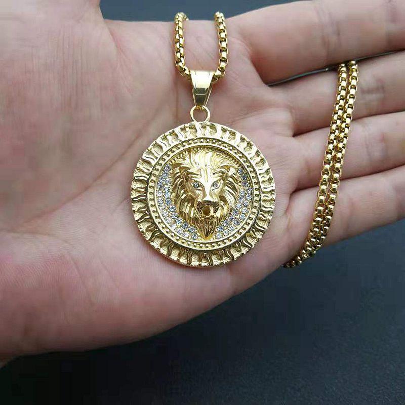 

Pendant Necklaces Hip Hop Bling Iced Out Gold Color Stainless Steel Lion Round Necklace For Men Rapper Jewelry, Silver