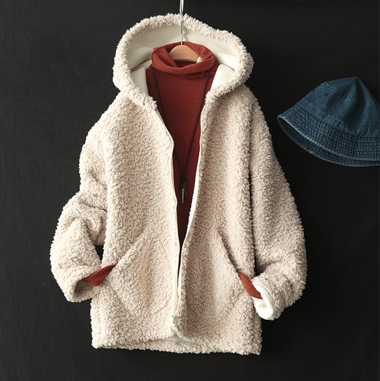 

Women's Jackets Winter Women Casual Loose Warm Lambswool Tops 2021 Female Hooded Zipper Thicker Fleece Coat, Black;brown