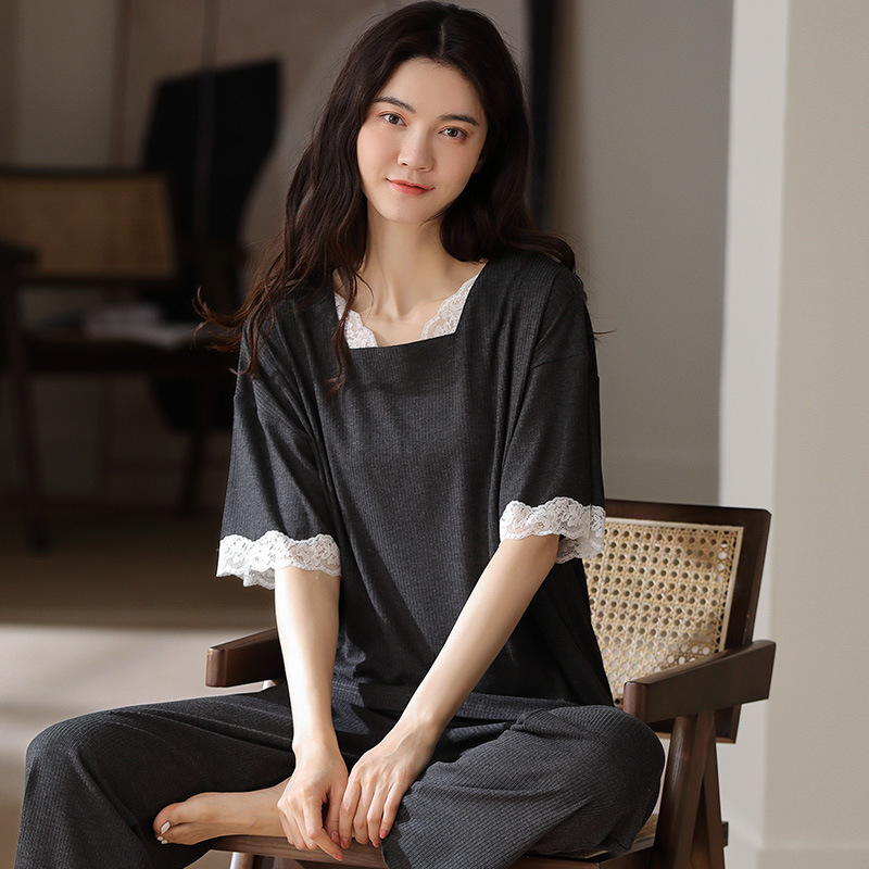 Women&#039;s Sleepwear Women Pajama Sets Short Sleeve Trousers Modal Sleepwear Large Size Lace Sweet Home Clothes Korean Lady Pijamas Suit M-2XL-image-699923626