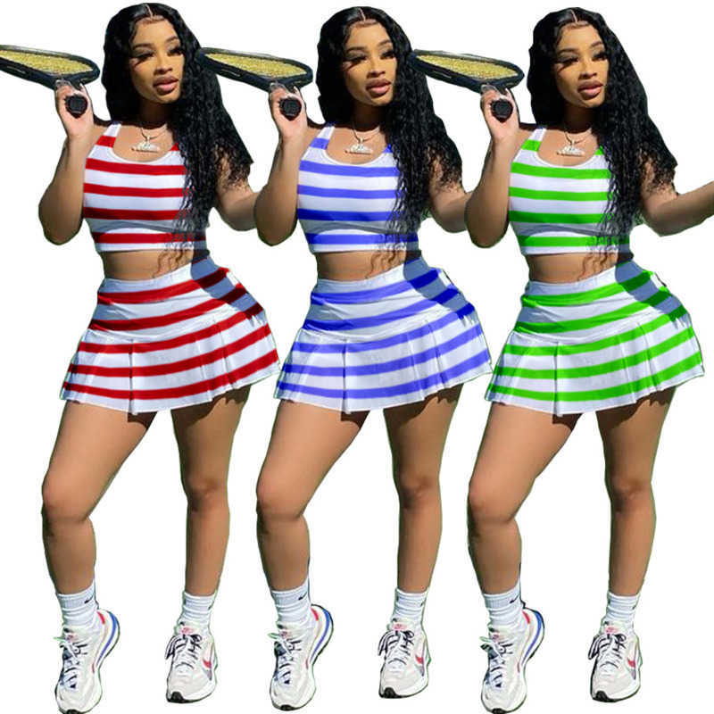 

Summer Women Designer Tracksuits Sexy Striped Slim Sports Vest And Skirt Two Piece Dress Solid Color Jogger Suits Yoga Outfits Plus Size, Green