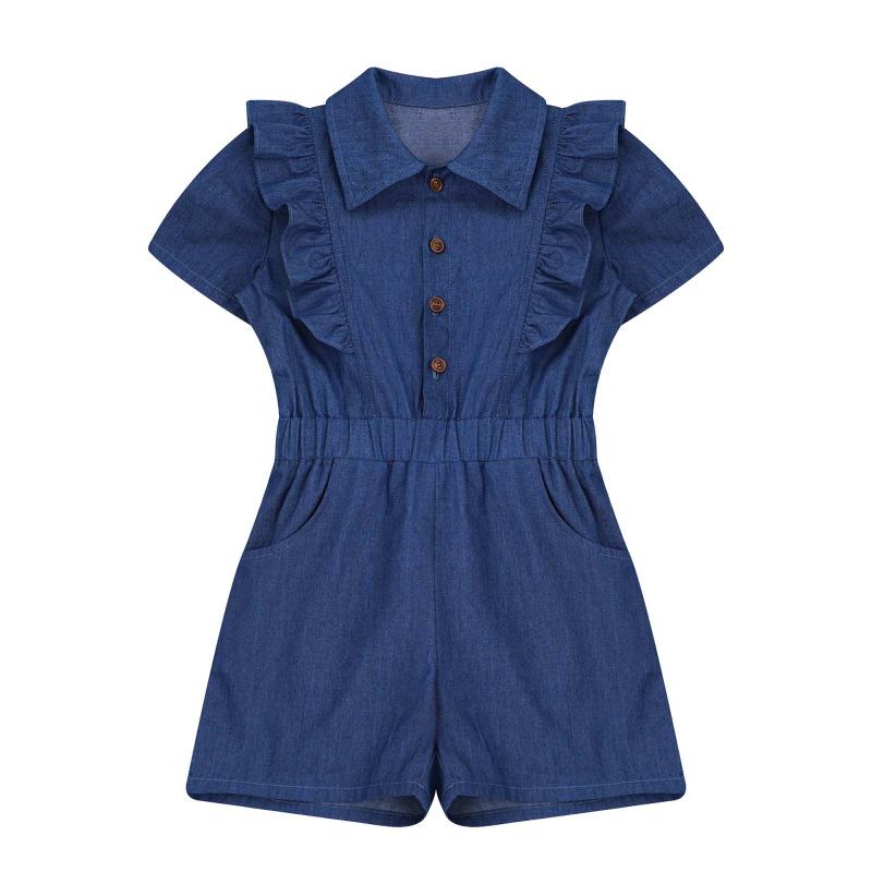 

Jumpsuits Summer Teen Kids Girls Denim Romper Short Jumpsuit Solid Color Casual Children Clothes Overalls 6-14 Years, Blue