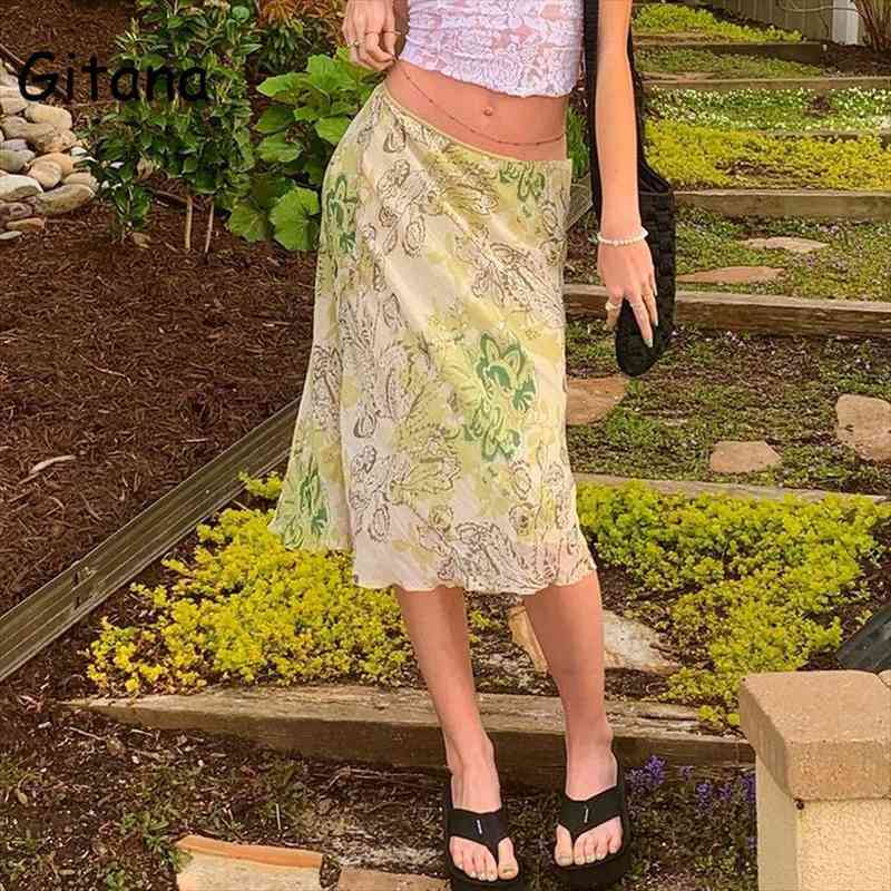 

floral frill green midi vintage womens skirt cute straight double layer mesh low waist, Black