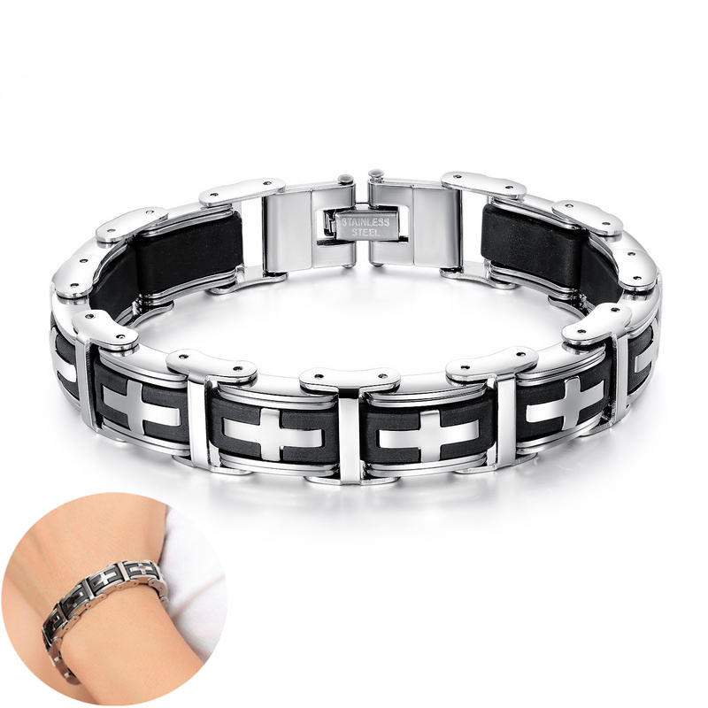 

Fashion Black Silicone Cross Men's Bracelets for Healthy Magnetic Men Bracelet Bangles Wristband Stainless Steel Male Jewelry