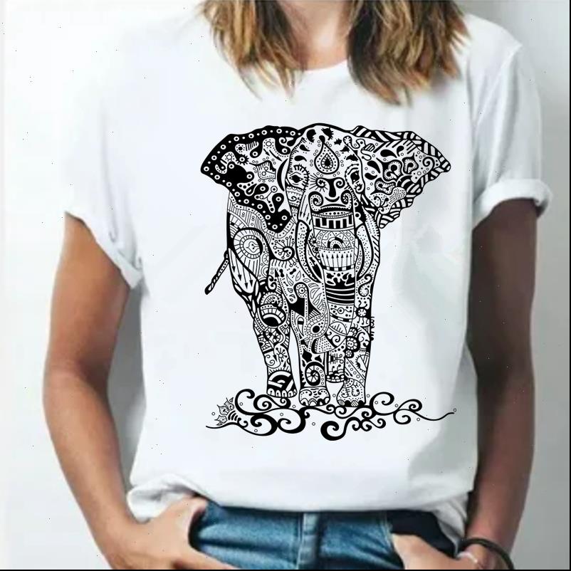 

summer cotton fashion short sleeve womens t shirts o neck tee elephant printed crop hh170, White
