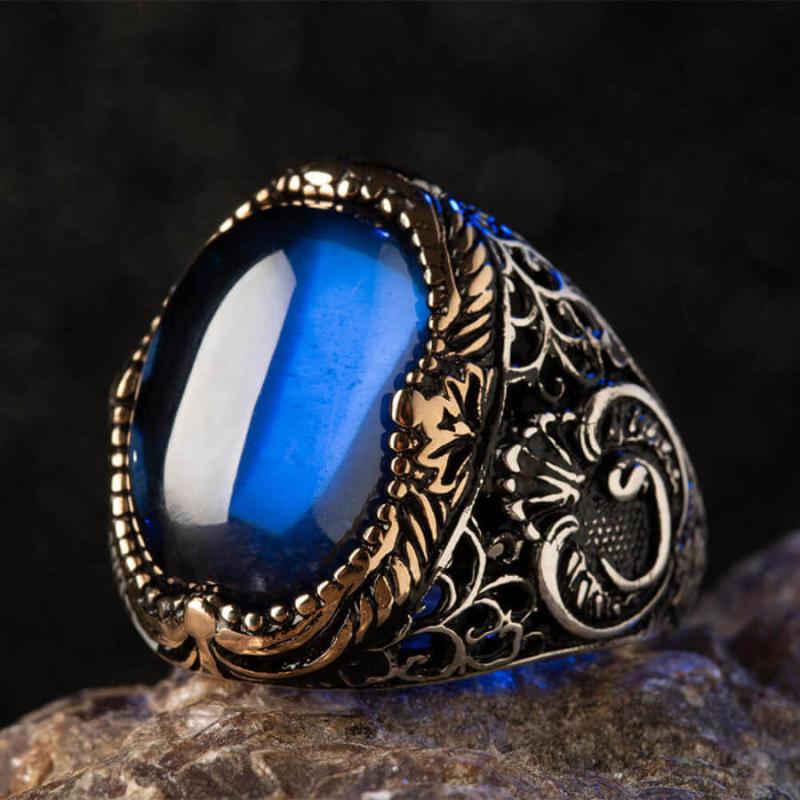 

Men Silver Ring Blue Zircon Gemstone Arabic Letter Vav Motif Ottoman Style Cluster Rings