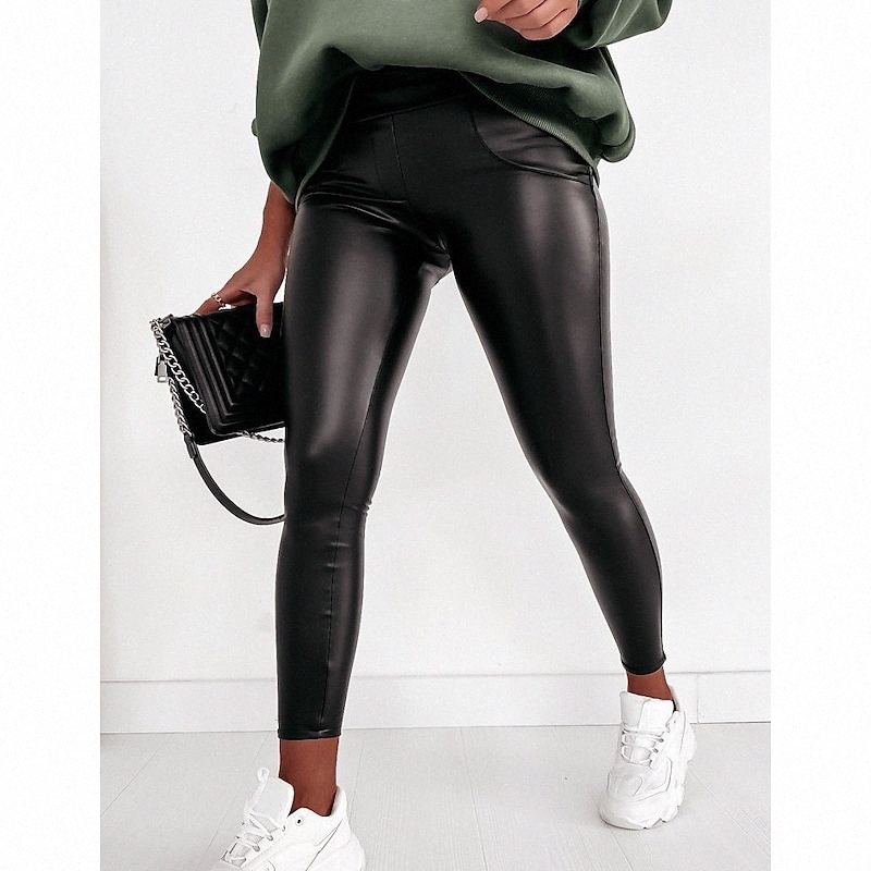Femmes Fashion's Leggings Side Poches Pantalon Longueur Daily Week-end Daily Week-end Micro-élastique Pu PU Comfort Mid Taille Slim Noir S m L XL