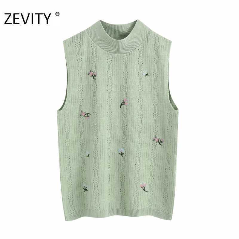 

ZEVITY women fashion stand collar flower embroidery knitted blouse ladies sleeveless vest slim shirt chic blusas tops LS7093 210603, As pic ls7093bb