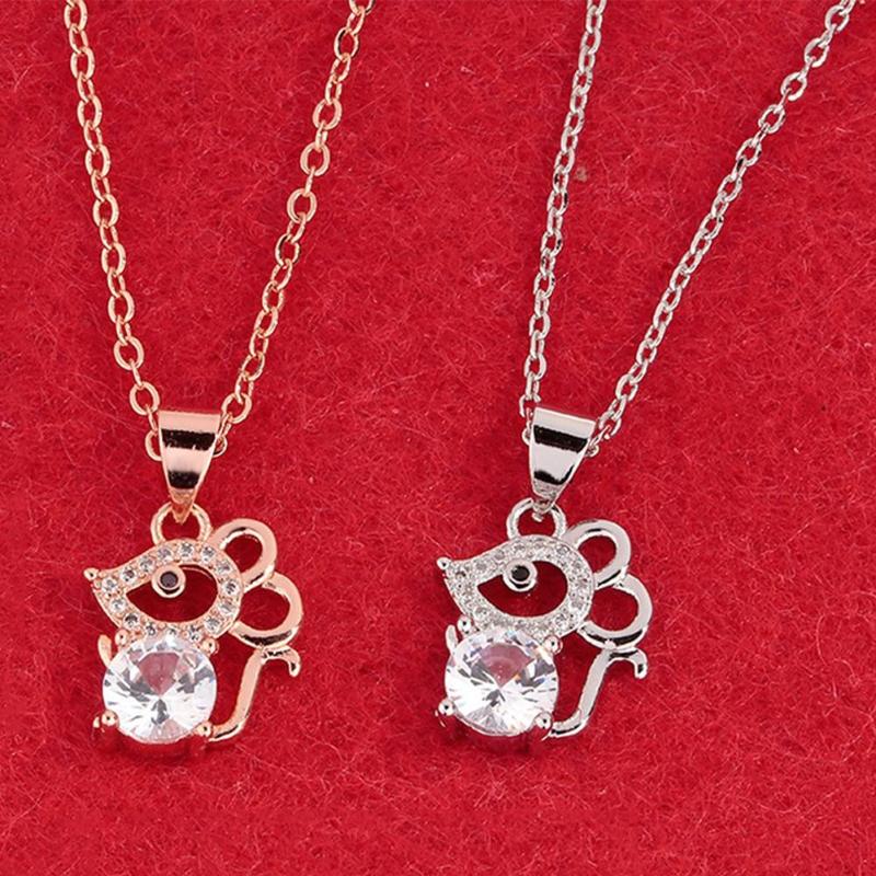 Pendant Necklaces Stylish Women Cubic Zirconia Inlaid Mouse Animal Chain Necklace Jewelry Gift Christmas Year Free-image-706613197