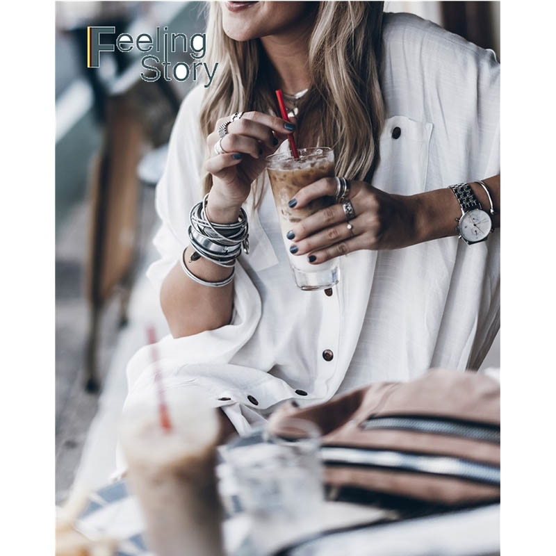 

White Button Down Shirt for Women Kimono Long Cardigan Cotton Blouses Sleeve Korean Blouse Baggy Top 210603