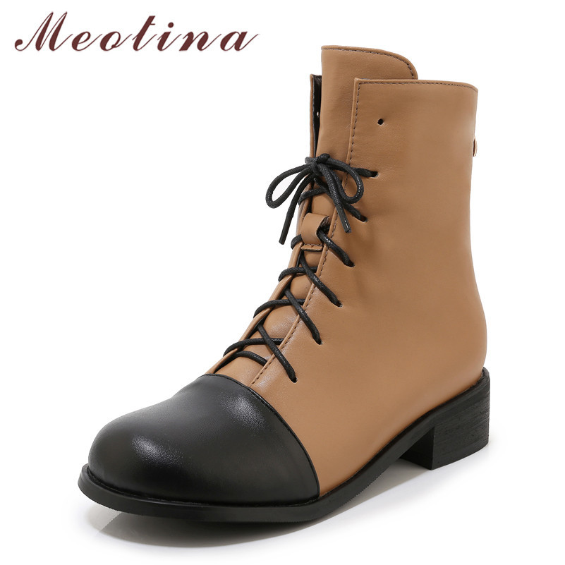 

Ankle Boots Women Shoes Round Toe Thick Heels Short Zip Cross Tied Mid Heel Ladies Autumn Coffee Big Size 210517