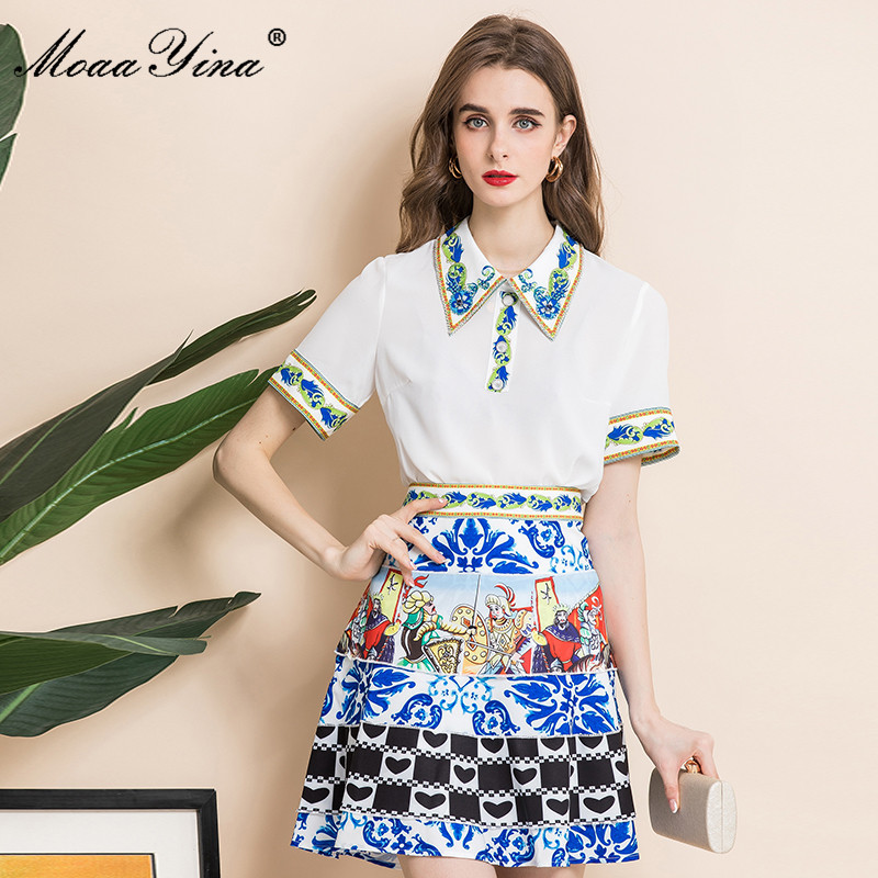 

Fashion Designer Summer Skirts Set Women's Short sleeve white Tops and High waist Printed Two-piece set 210524, Multi