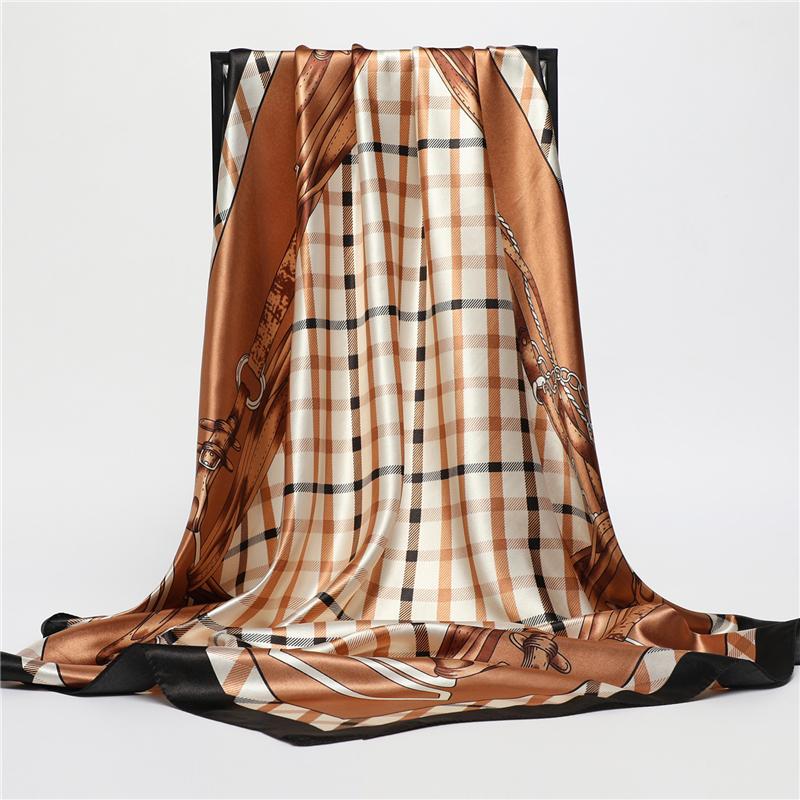 

Scarves Women Silk Neck Scarf Hijab Shawls Female Headband Plaid 90cm Square Neckerchief Bandana 2021 Foulard Hairband Wraps, Blue;gray