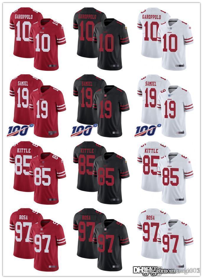 

Men Women Youth San Francisco 49ers 85 George Kittle 10 Jimmy Garoppolo 19 Deebo Samuel 97 Nick Bosa Red Custom Football Jerseys, Black;red