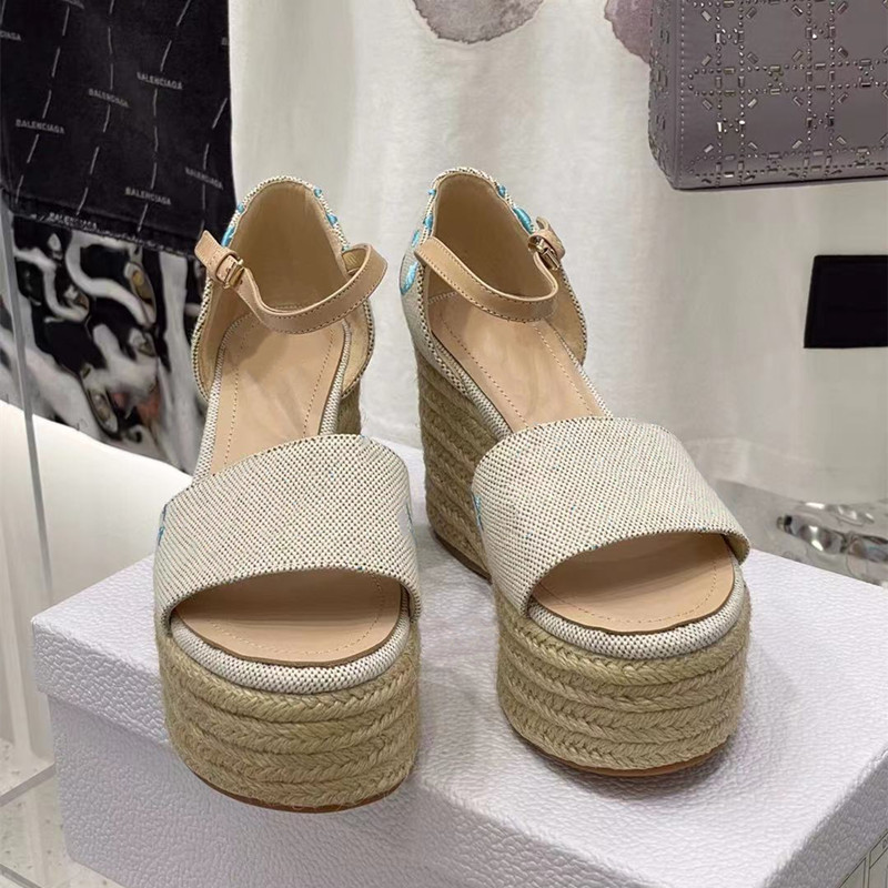 

The latest luxury sandals, thick-soled designer womens shoes, fashion flat-bottomed straw, summer outdoor leisure hemp rope heel Slope with waterproof platform High, Blue